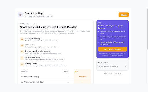 Ghost Job & Stale Listing Flag :: On-device risk badges on LinkedIn, Indeed & Glassdoor jobs. Spots reposts, stale dates, no-salary & boilerplate.