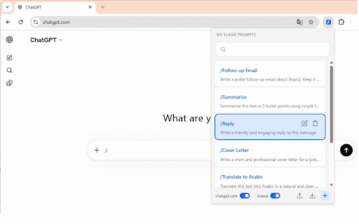 Slash Prompts: AI Prompt Manager, Text Expander & Snippets :: Type / in any text field to insert your saved prompts, snippets and templates. AI prompt manager and text expander for any site.