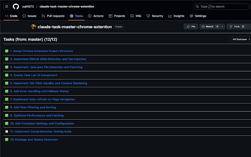 Claude TaskMaster for GitHub :: Injects a 'Tasks' tab into GitHub repositories to display and manage tasks from a tasks.json file.