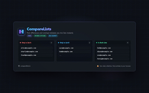 CompareLists - Compare Two Lists :: Compare two lists online and find differences, common items, and unique values instantly.