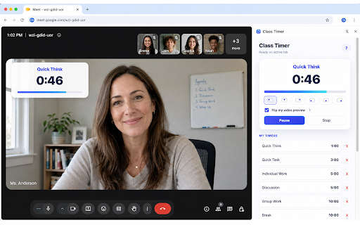 Class Timer :: A simple class timer for online lessons. Add a countdown timer directly to your video in Meet, Zoom and other classroom platforms.