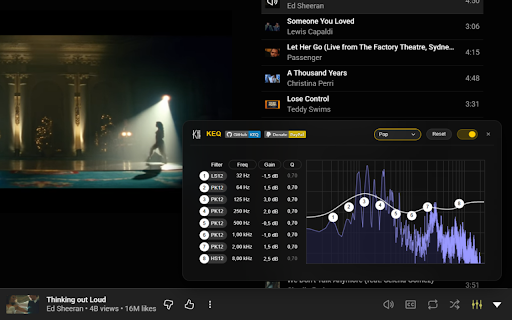 KEQ - YouTube & Youtube Music Equalizer :: A beautiful 8-band parametric equalizer integrated directly into YouTube & Youtube Music, powered by WEQ8C (WEQ8 Fork).