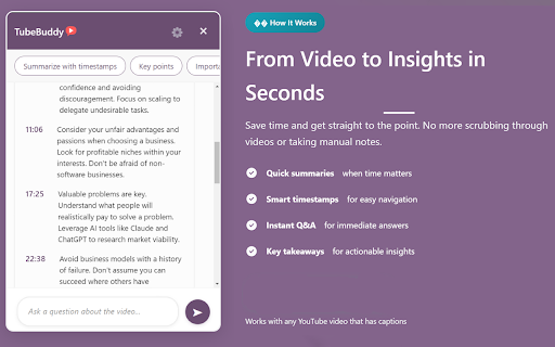 TubeBuddy - Summarize & chat with youtube videos :: Transform YouTube videos into smart conversations. Get instant summaries, ask questions, and jump to important moments.