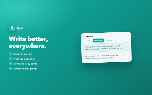 Quill by Tapdot - On-Device AI Writing Tools :: Apple-style writing tools for Chrome. Rewrite, proofread, summarize, and transform text on any page — privately, on-device.