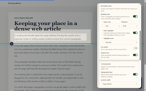 Reading Spotlight :: Dim the surrounding page and use reading aids like a ruler and typography controls for long web pages.