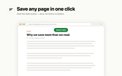 Gisto — Read Later, AI Summary :: Save any page in one click. Gisto writes an AI summary you can read later — a read-later queue that actually ends.