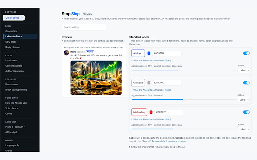 Stop Slop - Feed Filter & GEO Blocker for X :: Take back control of your X feed: AI flags slop, clickbait and scams, you decide what disappears. Country filter. Read-only.