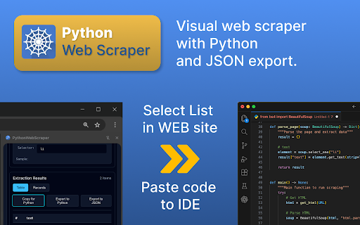 Web Page Scraping Python :: 🚀 Visual browser extension for web scraping: build Python scrapers, generate code, and automate site data extraction.