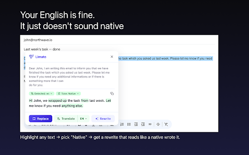 Limato – Rewrite Like a Native Speaker :: Rewrite like a native speaker. Paraphrase, translate, and fix tone anywhere — one click.