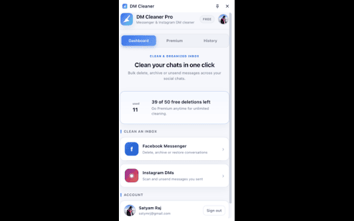 DM Cleaner Pro :: Bulk delete and unsend your direct messages in one click. Free quota with premium unlimited mode. Not affiliated with Meta.