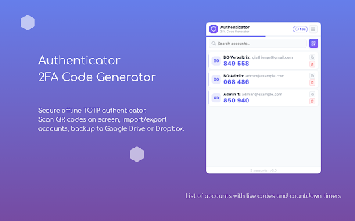Authenticator – 2FA Code Generator :: Secure offline TOTP authenticator. Scan QR codes on screen, import/export accounts, backup to Google Drive or Dropbox.