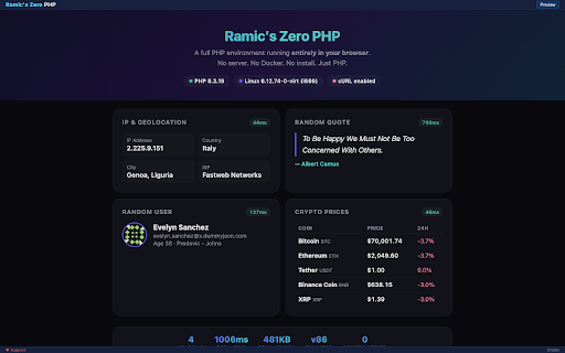 Ramic's Zero PHP :: PHP development environment in the browser with v86 VM and CORS-free proxy