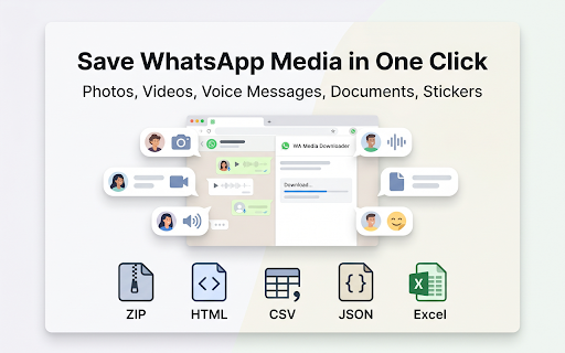 WA Media Downloader & Exporter :: Save photos, videos, voice messages, documents & stickers from WhatsApp. Export media in bulk as ZIP. Filter by date and file type.