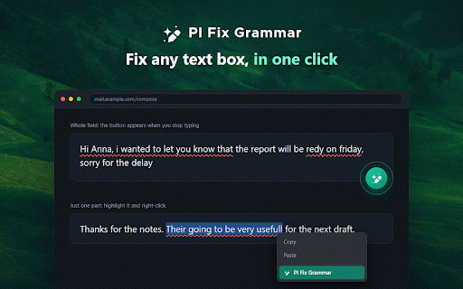 PI Fix Grammar :: Fix grammar in any text field with one tap. Chrome built-in AI on device, or sign in with PI Labs Premium and it just works.