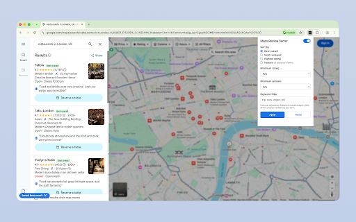 Maps Review Sorter :: Sort and filter Google Maps search results by review quality, rating, popularity, or distance.