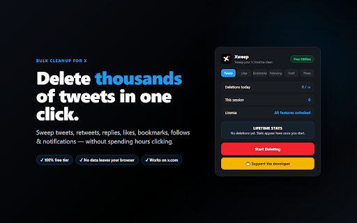 X / Twitter - Bulk Delete Tweets & Likes :: Bulk delete tweets, retweets, replies, likes, bookmarks, follows & notifications on X. Smart filters. 100% free, private.