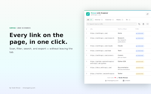 Riman Link Scanner — Export Page Links :: Scan, filter, and export every link on a page. Copy to clipboard, download CSV or JSON, separate internal vs external.