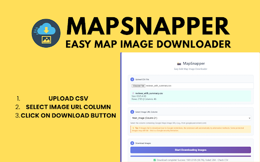 MapSnapper - Easy Bulk Map Image Downloader :: Bulk download Maps images from CSV. 99%+ success rate, 50 concurrent downloads. Free: 200 images, Pro: Unlimited.