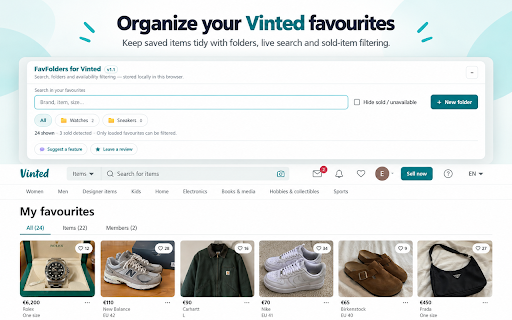 FavFolders for Vinted :: Organize Vinted favourites with live search, local folders, and sold-item filtering. Unofficial and local-only.
