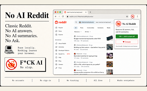 No AI Reddit :: Hides Reddit's AI features. Unofficial, not affiliated with Reddit. Local only.