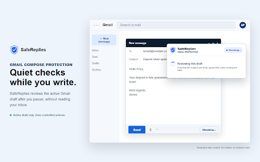 SafeReplies :: Pre-send compliance checks for active Gmail and Outlook drafts.