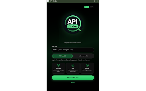 API finder :: Passive API discovery tool for security testers. Discovers API endpoints from browser traffic, flags risks, exports OpenAPI/Postman.