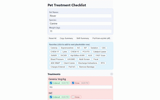 Pet Treatment Checklist :: Vet med treatment checklist with notes, timestamps, and per-patient sessions.