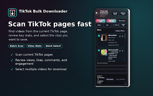TikTok Video Downloader Pro :: Bulk download TikTok videos. Sort by views, likes & engagement. Filter, queue management & batch export for creators & marketers.