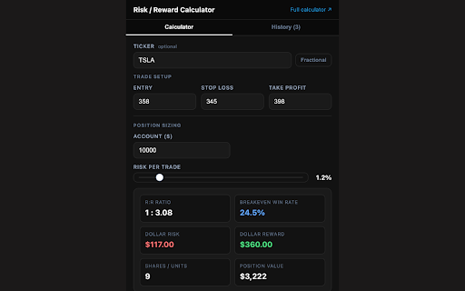 Risk-Reward Calculator by Tradicted :: Calculate risk-reward ratio, position size, and breakeven win rate for any trade. History saved locally.