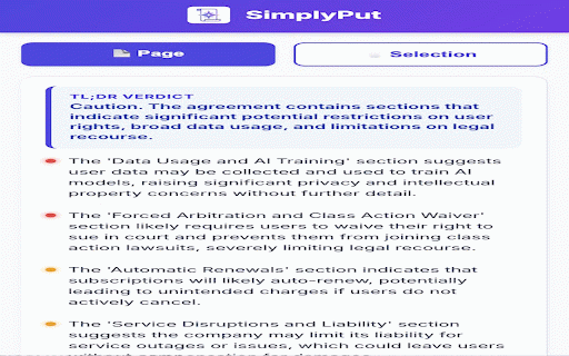SimplyPut :: Automatically summarizes User Agreements and Terms of Service using AI.