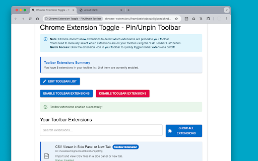 Chrome Extension Toggle - Pin/Unpin Toolbar :: Quickly enable/disable Chrome toolbar extensions with one click. Manage your pinned extensions efficiently.