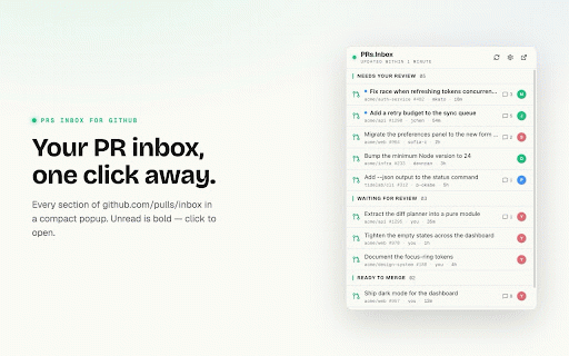 PRs Inbox for GitHub :: Shows your GitHub PR inbox in a popup and syncs it to Chrome tab groups, Live Folder style.