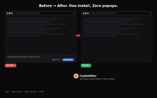 CookieKiller — Auto Reject Cookie Popups :: Automatically reject all cookie consent popups. Privacy-first. Open-source. Zero tracking. Never click "Reject All" again.