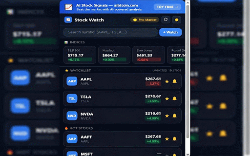 Stock Market Watch - Real-Time US Stock Prices :: Real-time US stock prices & alerts for AAPL, TSLA, NVDA, MSFT. Tracks S&P 500, Nasdaq, Dow Jones with pre/after market status.