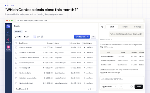 Zoho CRM AI Assistant :: Search, create, and update Zoho CRM records from a permission-gated AI side panel.