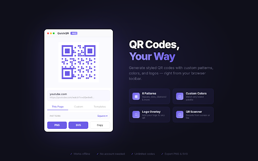 QuickQR — QR Code Generator & Scanner :: Generate QR codes with logos & patterns, scan codes, right-click any link to create a QR. Free & offline.