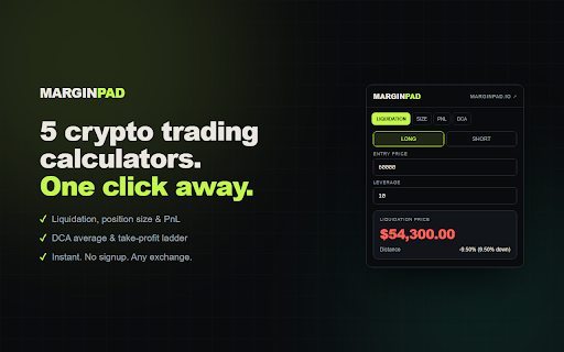 MarginPad — Crypto Liquidation & Position Size Calculator :: Instant crypto futures calculators in your toolbar: liquidation price, position size, PnL, DCA & take-profit. No signup.