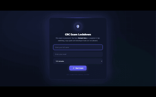 CRC Exam Lockdown :: Exam proctoring extension for CRC — locks down Google Forms with a 2-hour timer and reports to Google Sheets
