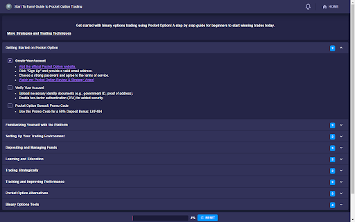 Start To Earn! Guide to Pocket Option Trading :: Learn binary options trading with Pocket Option! This extension provides a beginner-friendly checklist to start trading effectively.