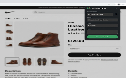 Wishlist heirs :: Adicione itens diretamente às suas listas de desejos a partir de qualquer e-commerce.