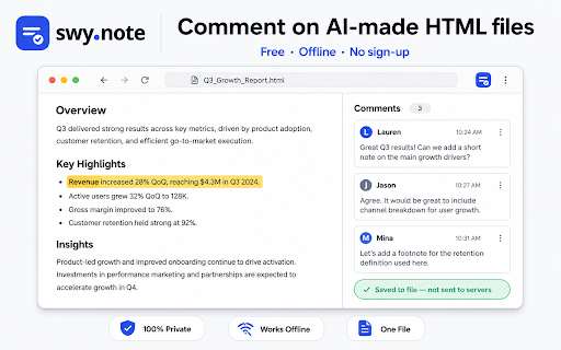 Swy.note — Free comments on HTML files :: Free, offline HTML commenting. Comment on AI-made .html files right on the file — no sign-up, no server. Share it all as one file.