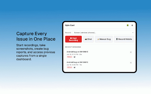 Byte Cast :: Record browser bugs with video, console & network logs. One click creates a ClickUp bug task with report and attachments.