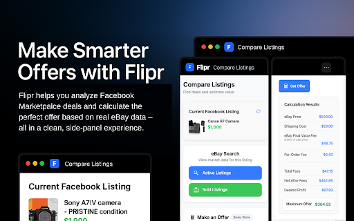 Flipr - eBay Reselling Profit Calculator :: Facebook Marketplace to eBay profit calculator. Calculate eBay fees, profit margins, and create competitive offers for reselling.