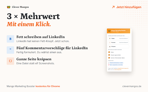 Mango Marketing Booster :: LinkedIn-Text fett machen, markierten Text/die Seite an ChatGPT geben und die ganze Seite als Screenshot speichern.