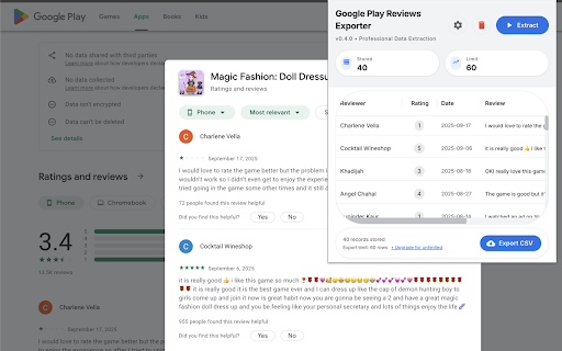 Google Play Reviews Exporter :: Extract reviews from the current Google Play product reviews page and export to CSV.