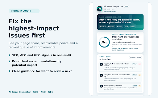 AI Rank Inspector – SEO, AEO & GEO Audit :: Audit webpages for SEO, AEO and GEO signals, including content readiness, metadata, schema, entities, robots.txt and llms.txt.