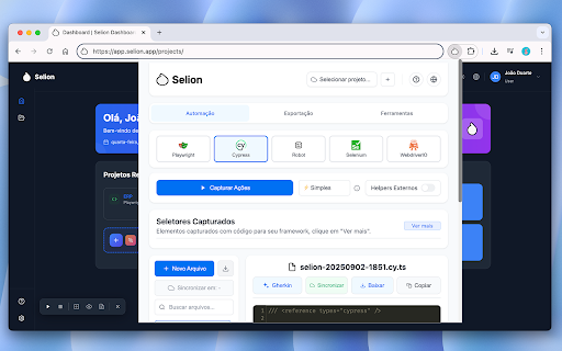 Selion :: Automatize seus testes em segundos: capture elementos, gere código pronto e sincronize na nuvem.