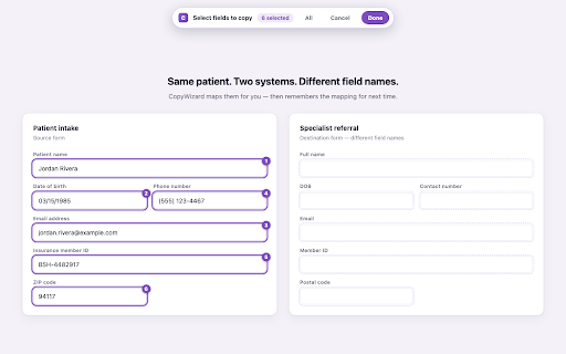CopyWizard: Form Mapper — Copy Between Sites :: Map form fields intelligently. Save profiles, reuse everywhere. Copy once, paste anywhere.