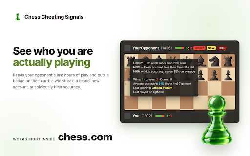 Chess Cheating Signals :: Free. Public-data signals on your chess.com opponent: win rate, accuracy, account age. No engine, no cheat detection.