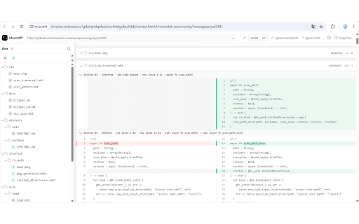 Moondiff :: Open GitHub changes in your Moondiff playground with the Open in Moondiff button.